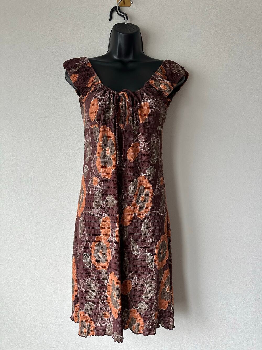 Y2K Brown Floral Crinkle Midi Dress Boho Cottagecore Fairy Grunge Made USA M